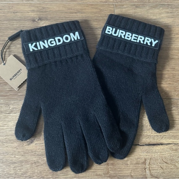 BURBERRY-AUTHENTIC (NWT) Unisex Black Cashmere Knit Gloves with Embroidery - Picture 1 of 15